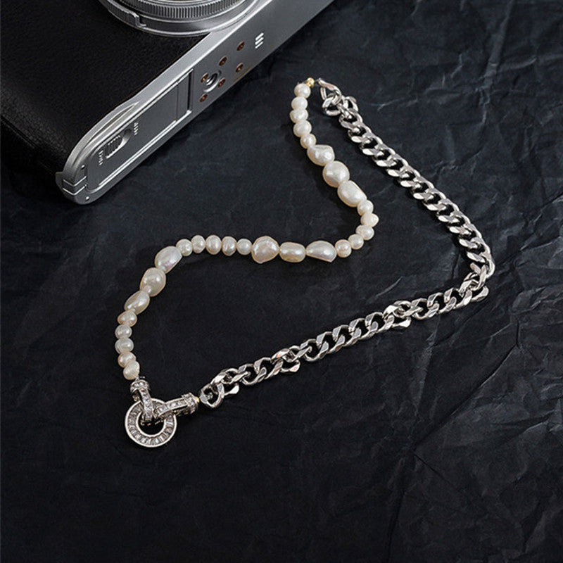Half Pearl Half Chain Necklace | Silver Necklaces Chain  | Cuban link with Round Clasp Design