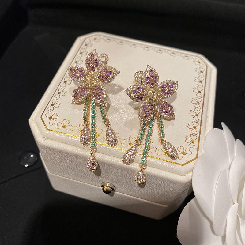 Violet Crystal Flower Earrings |  Rhinestone Earrings | Wedding Diamond Earrings with Sterling Silver Pins