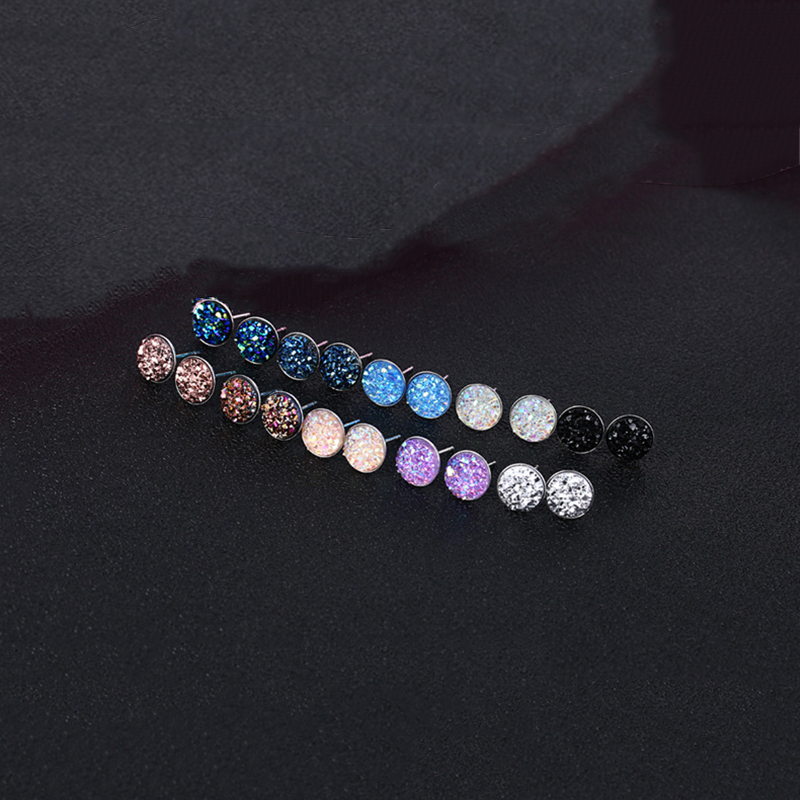 10mm Glitter Crystal Stud Earrings | Drusy Stud Earrings | Sterling Silver Stud Earrings for Men and Women (8mm)
