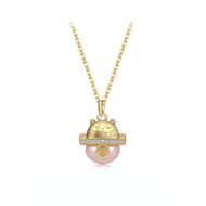 Fortune Cat Theme Freshwater Pearl Pendant Diamond Necklace 14K Gold Over Sterling Silver