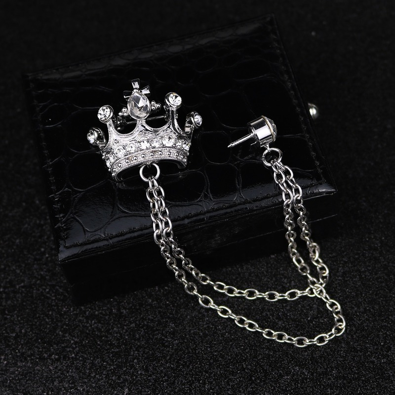 Gold and Silver Crown Brooch Chain for Men Retro Style Collar Brooch Pin