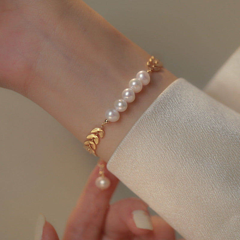 Real Pearl Bracelet Gold Wheat Ear | Freshwater Pearl Bracelet | Designed Pearl Bracelet for Women