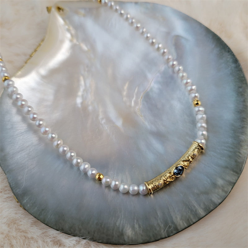 Tiny Pearl Choker | Pearl Choker Necklace | Freshwater Pearl Choker with Humanmade Sapphire