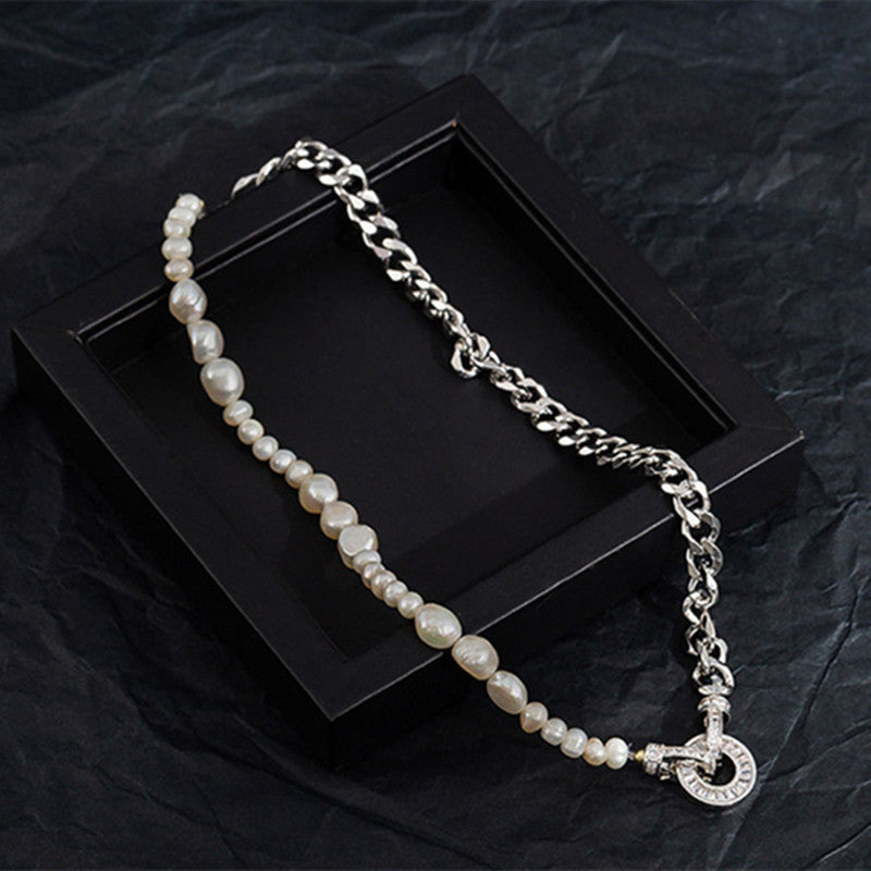 Half Pearl Half Chain Necklace | Silver Necklaces Chain  | Cuban link with Round Clasp Design