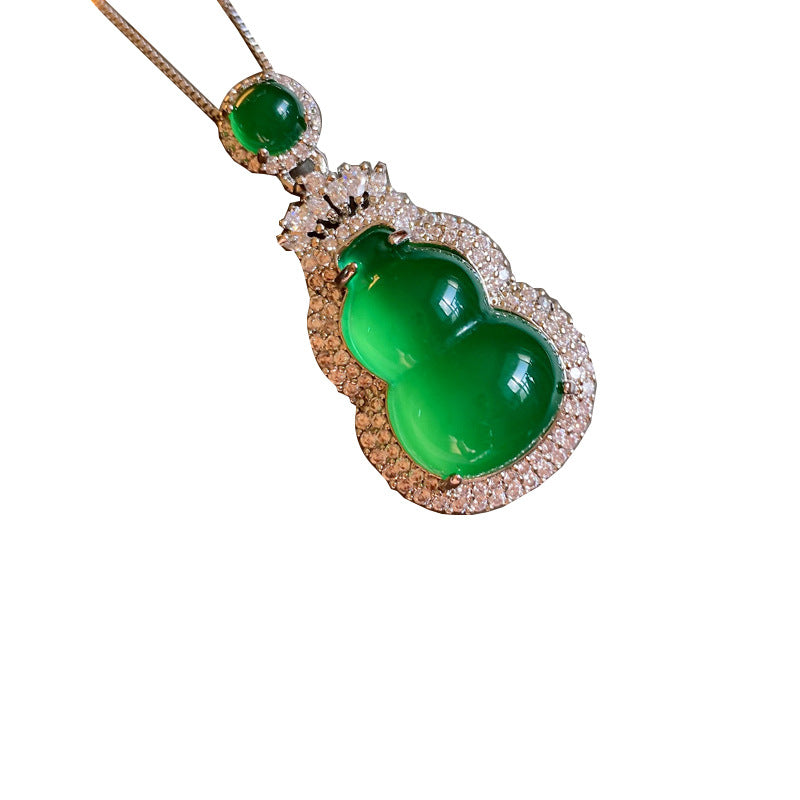 Green Gourd Jade Necklace | Jade Surrounded by Crystal Pendant Necklace | Silver Chain with Circle Nephrite