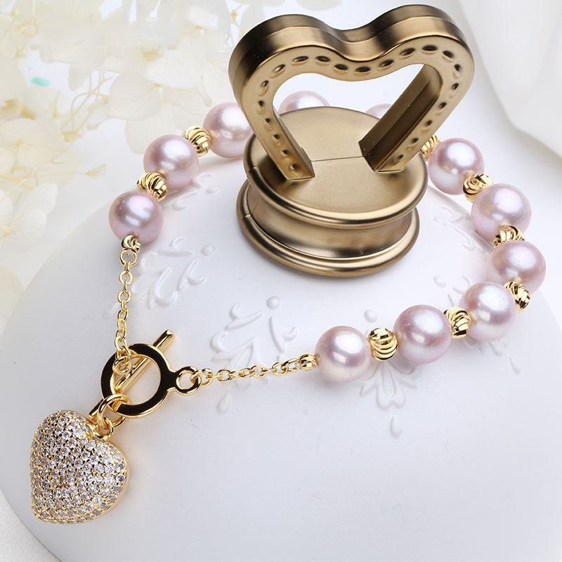 9-10mm Big Love Gold Freshwater Cultured Pearl Bracelet in 14K Gold Over Sterling Silver Clasp 7