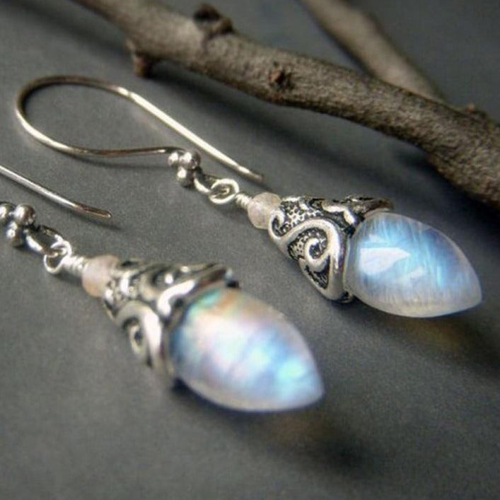 Moonstone Dangle Earrings with Pure Silver Hook Royal Style Blue Gradient Dangle Temperament Earrings