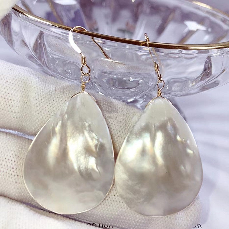 Pendientes de Nácar Natural | Pendientes colgantes de perlas ovaladas hechos a mano con pasador de plata S925