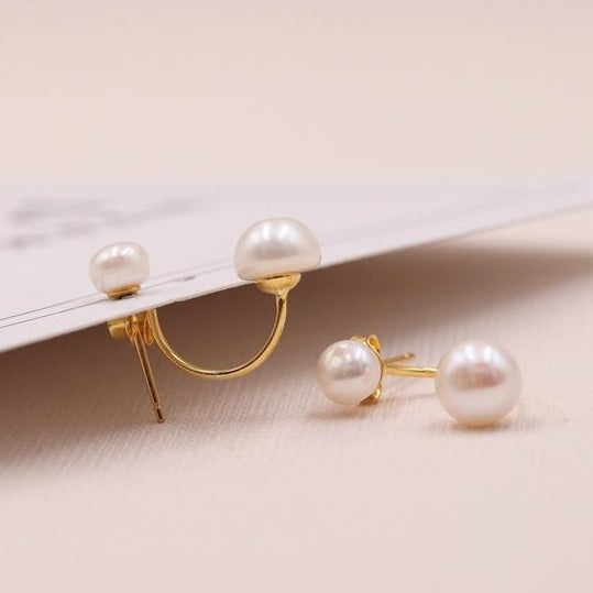 Boucles d'oreilles en perles véritables AAA | Boucles d'oreilles pendantes à double perle très brillante avec fermoirs en argent et or 18 carats