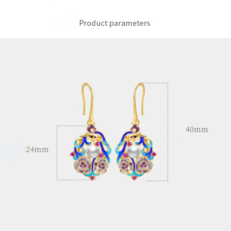 Aretes colgantes de perlas cultivadas de agua dulce estilo Cloisonne en oro de 14 k sobre plata de ley