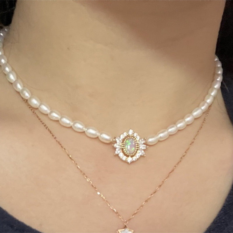 Opal And Real Pearl Choker Necklace | Freshwater Pearl Necklace | Baroque Pearl Necklace