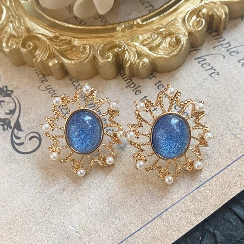 Vintage Style Stud Earrings | Blue Moonstone Stud Earrings Silver Pin