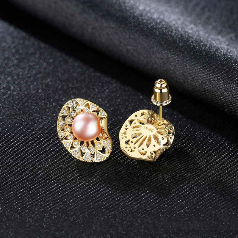 African Style Elegant Pearl and Diamond Stud Earrings in 14K Gold Over Sterling Silver(8-9mm)