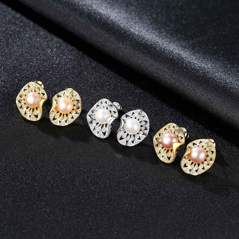 African Style Elegant Pearl and Diamond Stud Earrings in 14K Gold Over Sterling Silver(8-9mm)