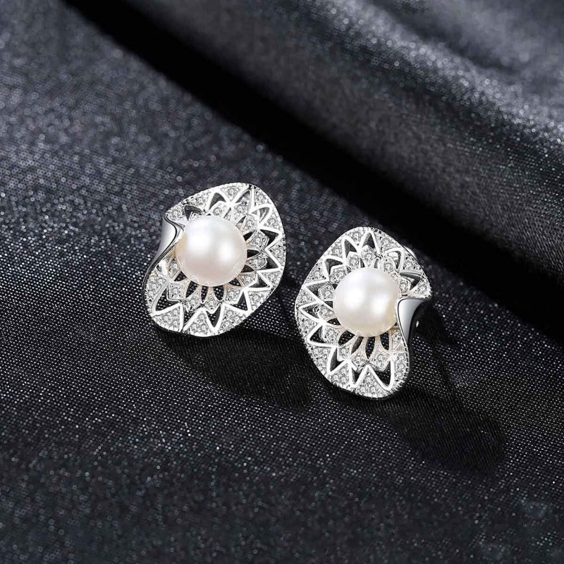 African Style Elegant Pearl and Diamond Stud Earrings in 14K Gold Over Sterling Silver(8-9mm)