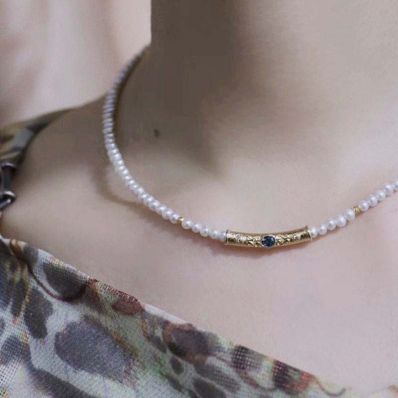 Tiny Pearl Choker | Pearl Choker Necklace | Freshwater Pearl Choker with Humanmade Sapphire