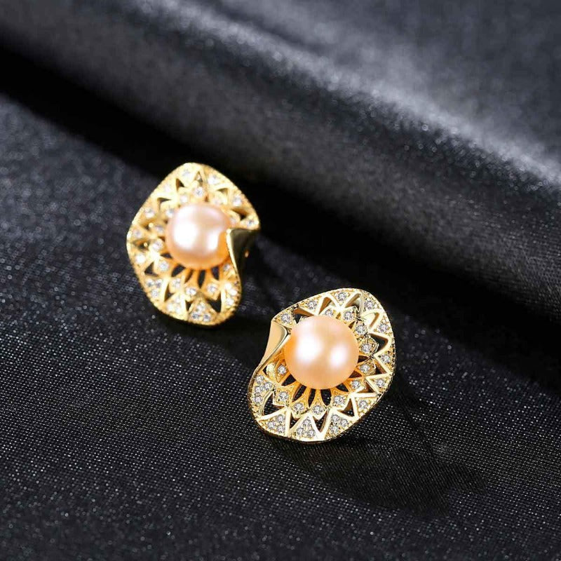 African Style Elegant Pearl and Diamond Stud Earrings in 14K Gold Over Sterling Silver(8-9mm)