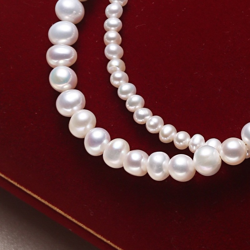Double Strand Cultured Freshwater Pearl Necklace And Pearl Bracelet with Gold Setting Jewellery Set