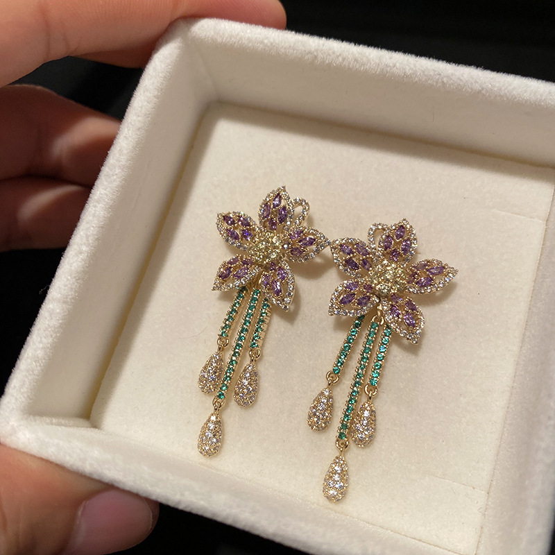 Violet Crystal Flower Earrings |  Rhinestone Earrings | Wedding Diamond Earrings with Sterling Silver Pins