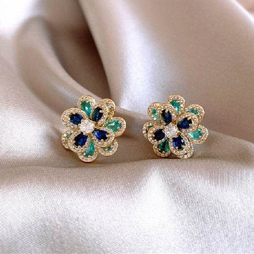 Flower Stud Earrings | Flower Gemstone Earrings | Crystal Flower Earrings with Sterling Silver Pins
