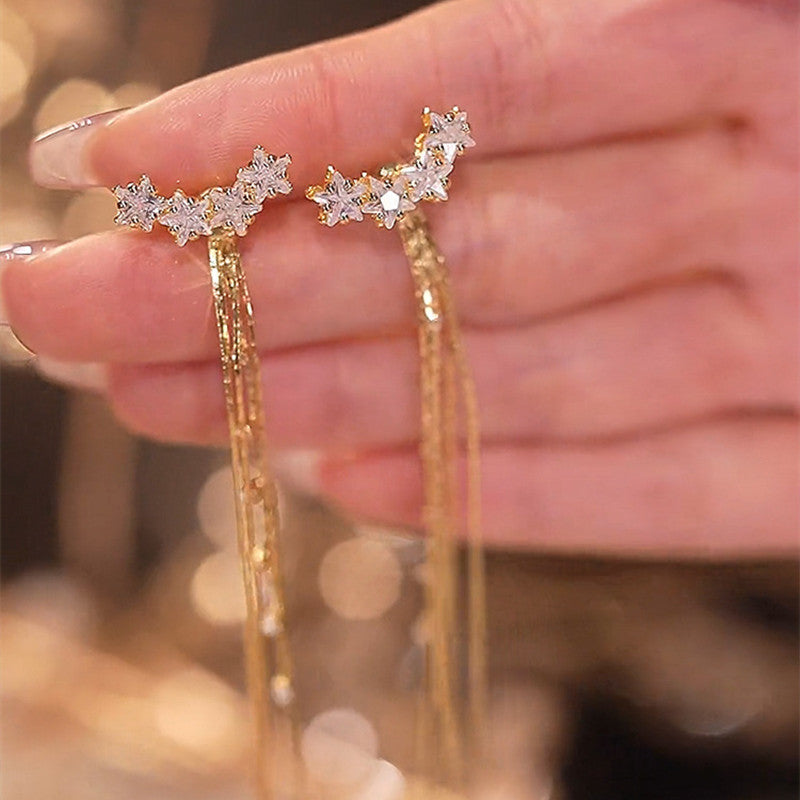 Gold Tassel Earrings | Zircon Star Earring Jackets | Tassel Earrings with Sterling Silver Pins