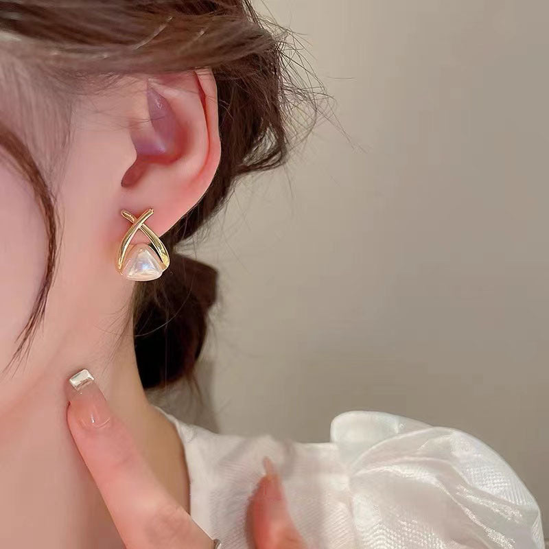 Triangle Pearl Earrings | X Shaped Shell Pearl Moonstone Earrings with Sterling Silver Pins
