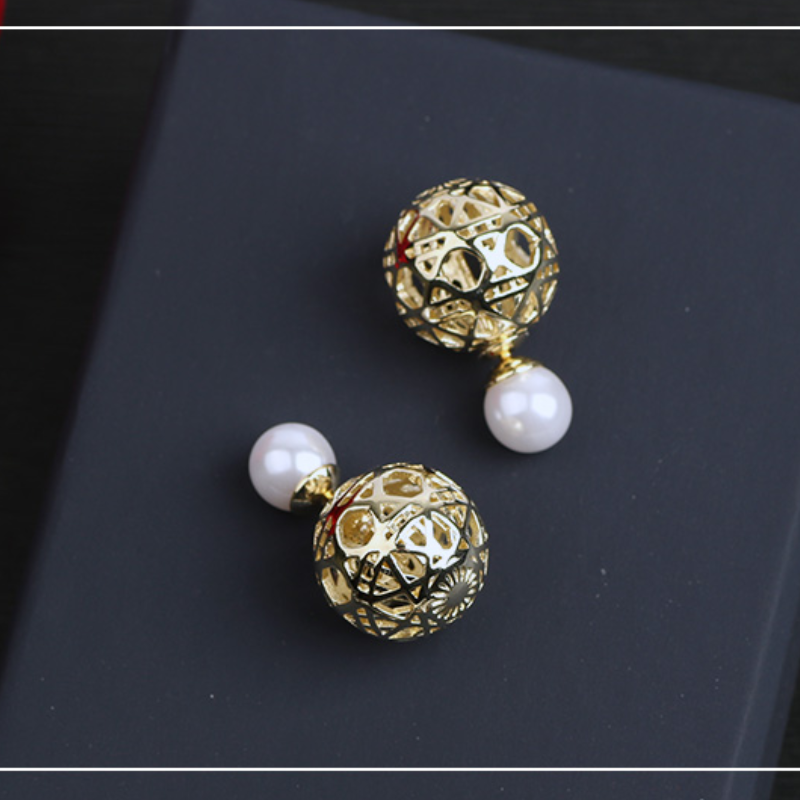 Gold and Silver 2 Sided Stud Earrings Hollow Sphere Pearl Earrings for Women in 14K Gold Over Sterling Silver