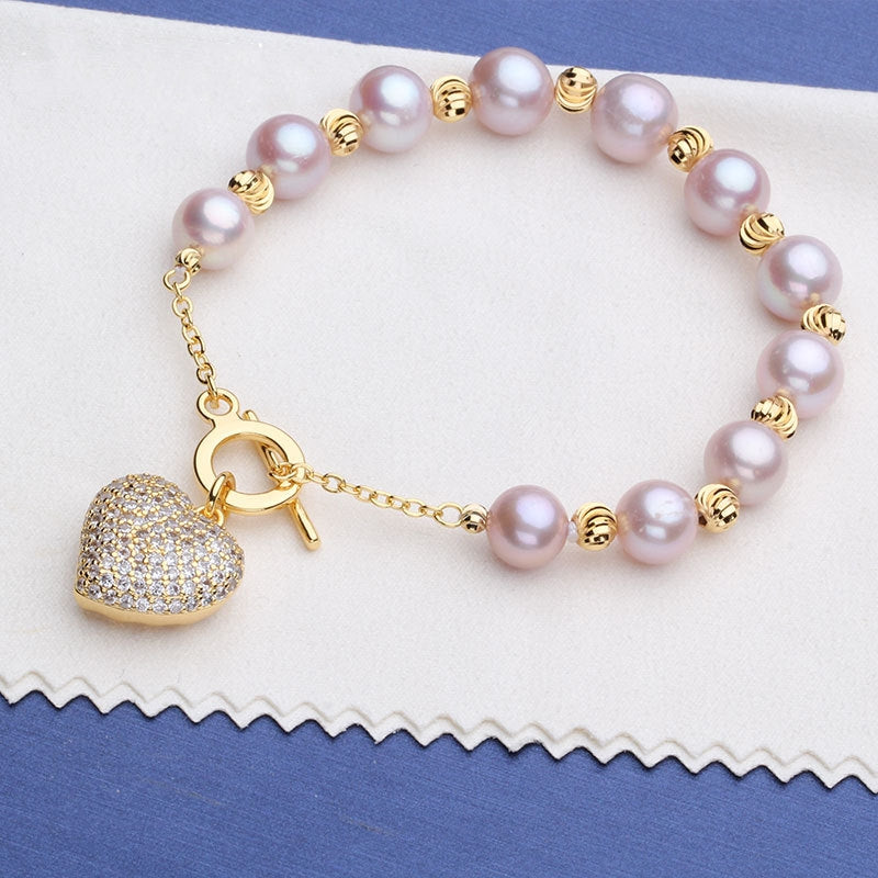 9-10mm Big Love Gold Freshwater Cultured Pearl Bracelet in 14K Gold Over Sterling Silver Clasp 7