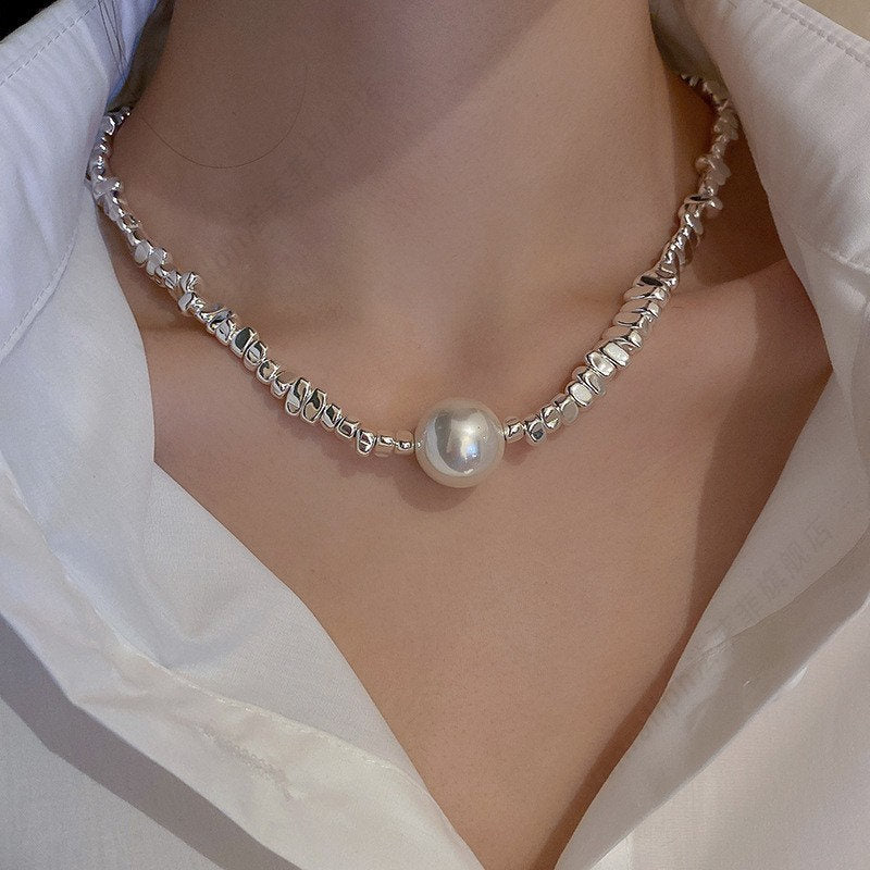 Irregular Pearl Necklace and Bracelet Set | Pearl and Chain Necklace | Silver and Pearl Bracelet