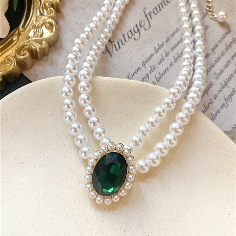 Pearl Necklace and Earring Set | Multi Strand Pearl Necklace Emerald Stud Earrings in a Jewelry Set