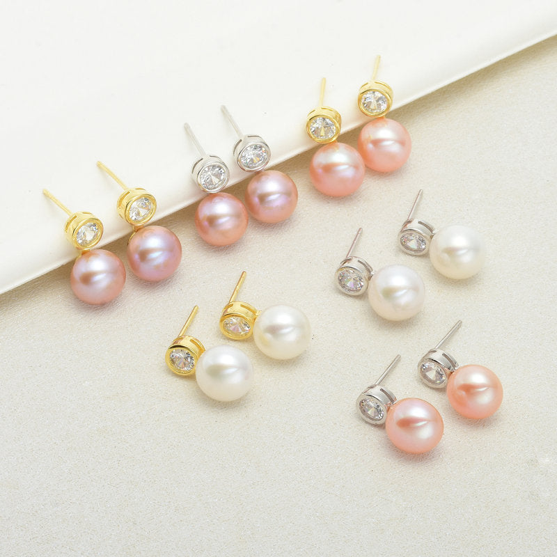 AAA Pearl Diamond Earrings | Real Pearl Drop Earrings in 14K Gold and Silver Clasps (8-9mm)