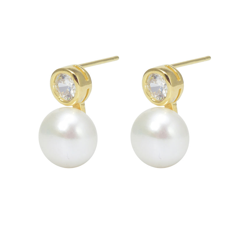 AAA Pearl Diamond Earrings | Real Pearl Drop Earrings in 14K Gold and Silver Clasps (8-9mm)