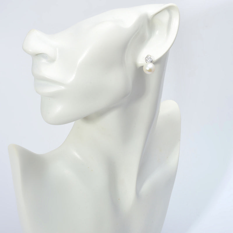 AAA Pearl Diamond Earrings | Real Pearl Drop Earrings in 14K Gold and Silver Clasps (8-9mm)