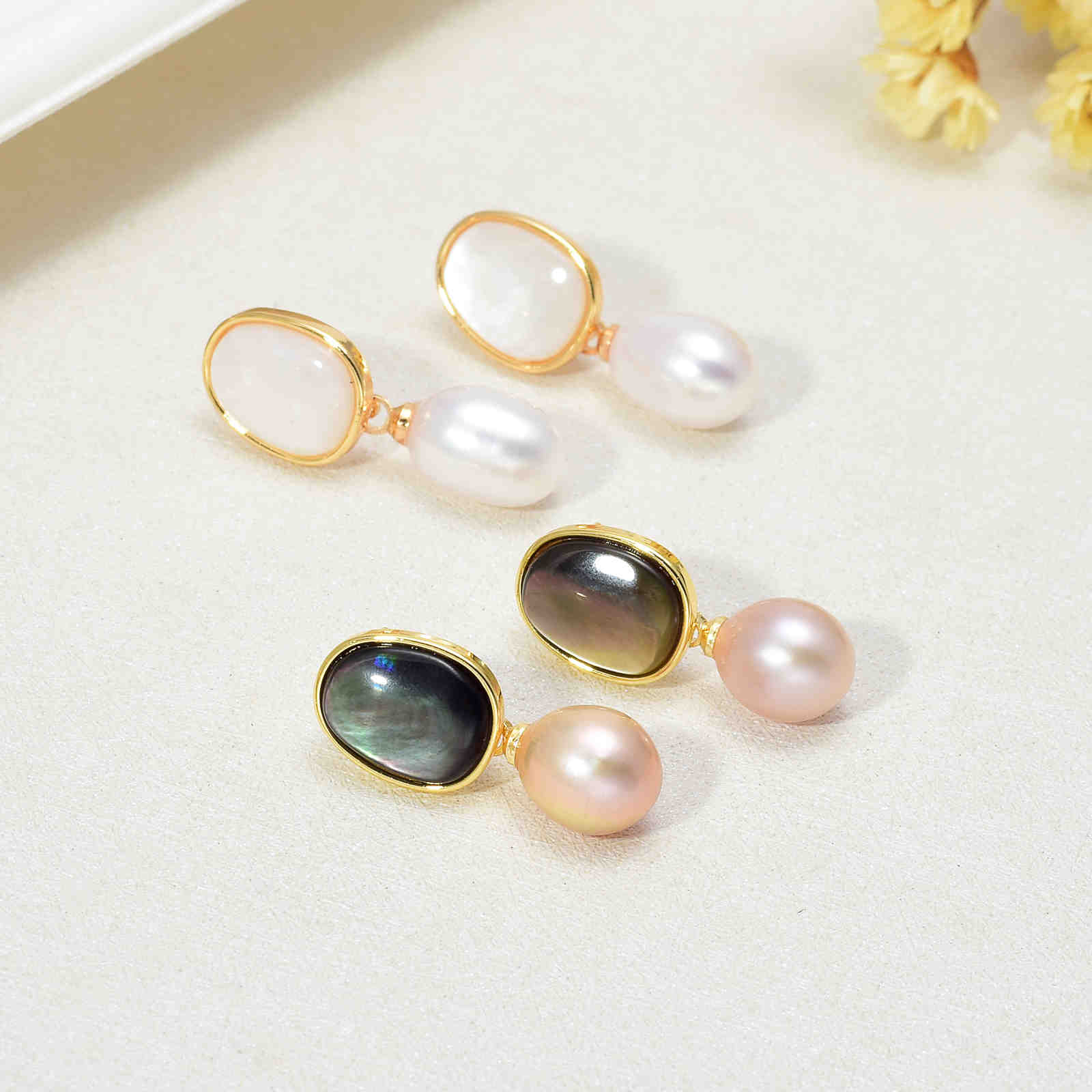 Mother of Pearl Freshwater Pearl Earrings in 14K Gold Over Sterling Silver Pin Vintage Style