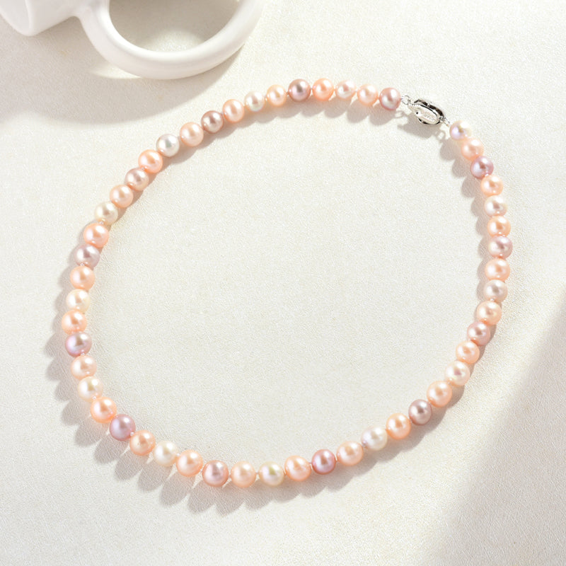 AAA Freshwater Pearl Necklace 9-10mm Multicolor Pearl Strand Necklace with Sterling Silver Clasp