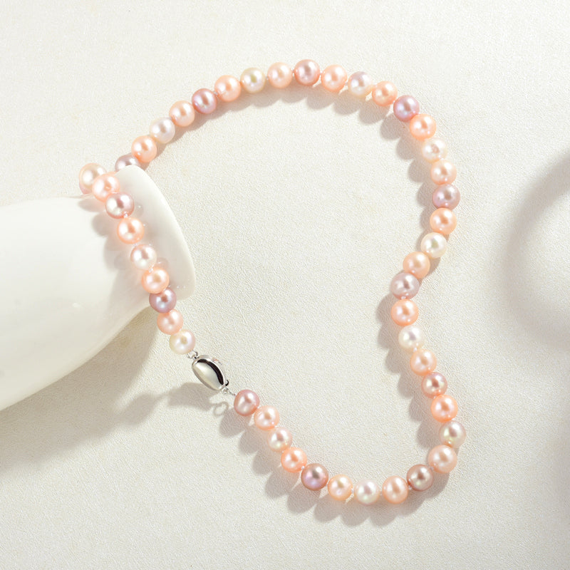 AAA Freshwater Pearl Necklace 9-10mm Multicolor Pearl Strand Necklace with Sterling Silver Clasp