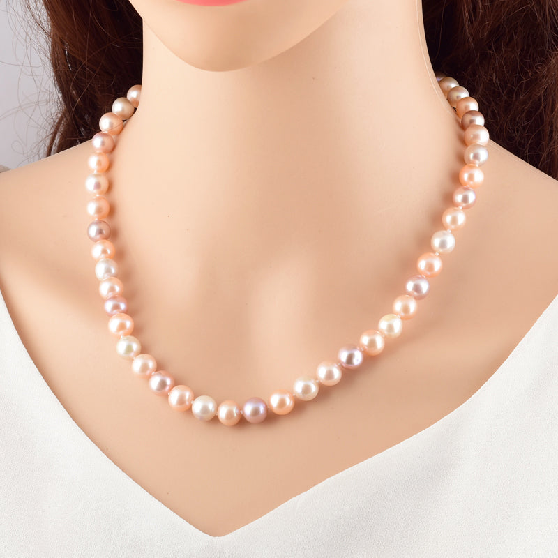 AAA Freshwater Pearl Necklace 9-10mm Multicolor Pearl Strand Necklace with Sterling Silver Clasp