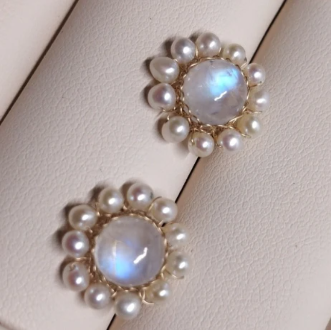 Natural Moonstone Stud Earrings with Freshwater Pearl Surrounds in 14K Gold Over Sterling Silver Pin