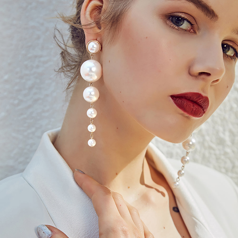 White Round Long Pearl Drop Earrings Big Pearl Dangle Earrings for Women in S925 Silver Pin