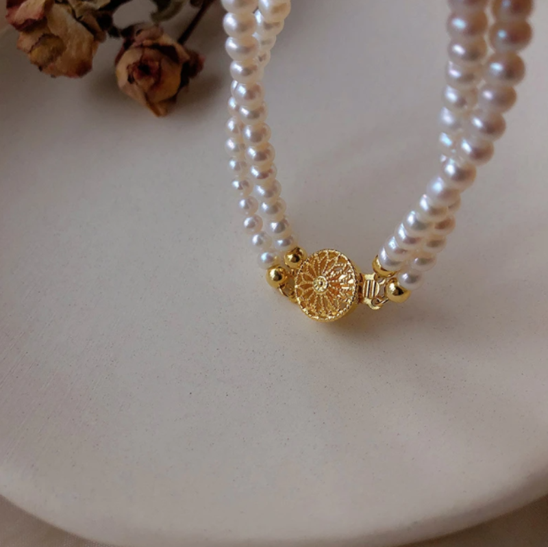 5-6mm White Cultured Pearl Double Strand Bracelet in 14K Gold Over Sterling Silver 7