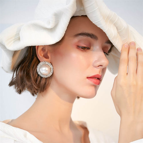 Elegant White Round Pearl Stud Earrings for Women in 14K Gold Over Sterling Silver（9-25mm）