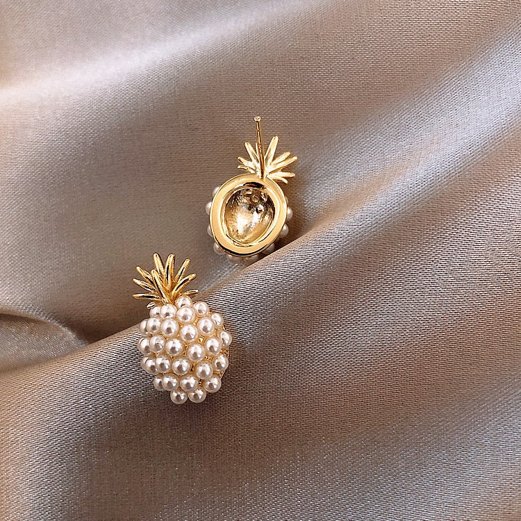 Pineapple Pearl Stud Earrings for Women in 14K Gold Over Sterling Silver