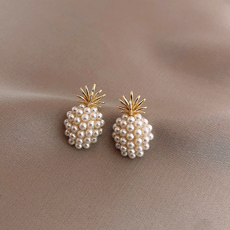Pineapple Pearl Stud Earrings for Women in 14K Gold Over Sterling Silver