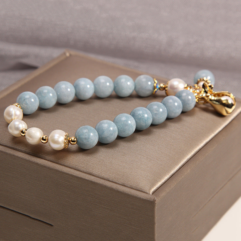 Mother's Day Gift Choice Aquamarine Jade Freshwater Cultured Pearl Bracelet with Sterling Silver Clasp