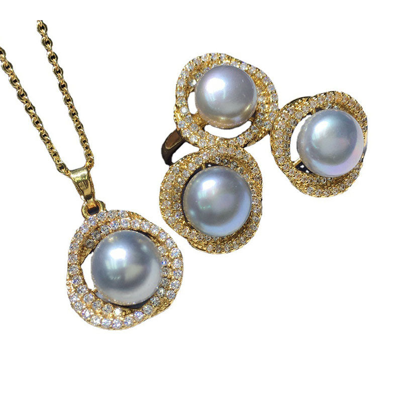 Gray Pearl Jewelry Set | Real Pearl Earrings Ring and Pendant | AAA Pearl Diamond Set for Women White Gold and Gold Plated Clasp