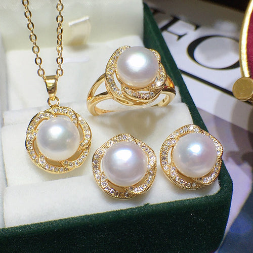 Real Pearl Jewelry Set 6 Color Available| Sun Pearl Earrings Pearl Ring and Pearl Pendant | AAA Pearl Diamond Set for Women