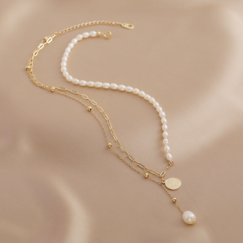 Designed Cultured Freshwater Pearl Pendant Double Strand Necklace with 18K Gold Over Sterling Silver