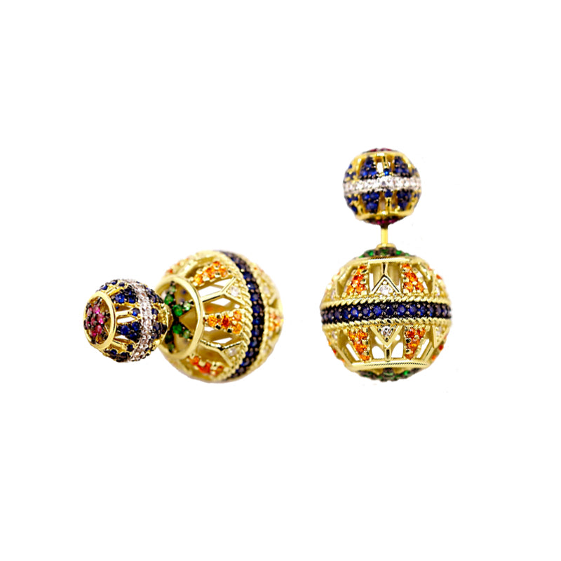 Boucles d'oreilles double face de luxe, boucles d'oreilles à double boule en cristal avec broche en argent S925