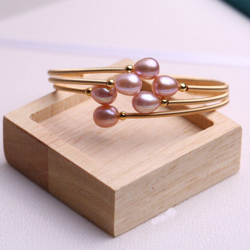 Cultured Freshwater Pearl Bangle Bracelet in 14k Gold Over Sterling Silver 7