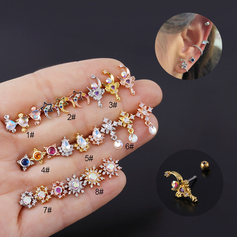 20G Gold Ear Studs Titanium Internally Threaded Double Gem Single Cartilage Earring Crystal Ear Stud Body Jewelry